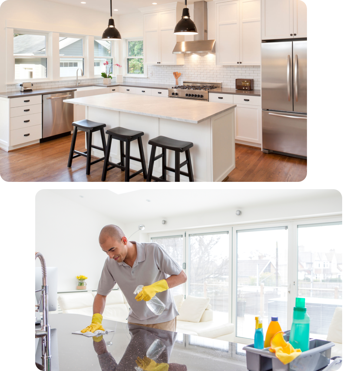 Modern kitchen and man cleaning countertop.
